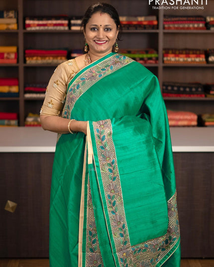 Semi tussar saree green with plain body and floral embroidery cut work border - {{ collection.title }} by Prashanti Sarees