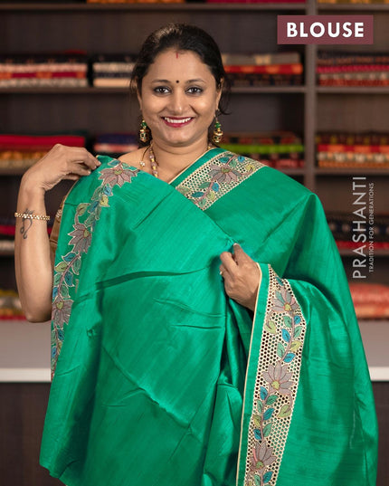 Semi tussar saree green with plain body and floral embroidery cut work border - {{ collection.title }} by Prashanti Sarees