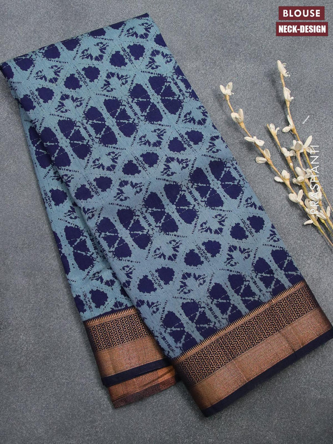 Semi tussar saree grey and blue with allover prints and zari woven border - {{ collection.title }} by Prashanti Sarees