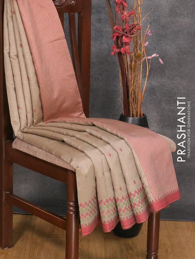 Semi tussar saree grey and maroon with embroidery work and simple border - {{ collection.title }} by Prashanti Sarees