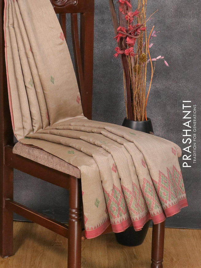 Semi tussar saree grey shade and maroon with embroidery work and simple border - {{ collection.title }} by Prashanti Sarees