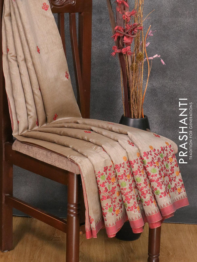 Semi tussar saree grey shade and maroon with embroidery work and simple border - {{ collection.title }} by Prashanti Sarees