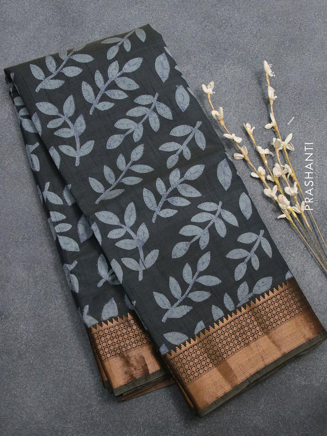 Semi tussar saree grey with allover leaf prints and zari woven border - {{ collection.title }} by Prashanti Sarees