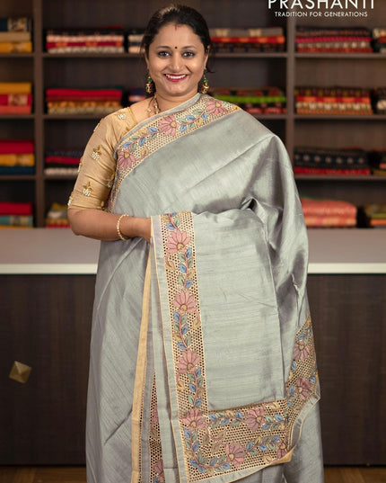 Semi tussar saree grey with plain body and floral embroidery cut work border - {{ collection.title }} by Prashanti Sarees