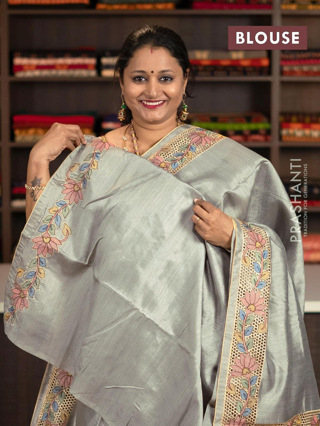 Semi tussar saree grey with plain body and floral embroidery cut work border - {{ collection.title }} by Prashanti Sarees
