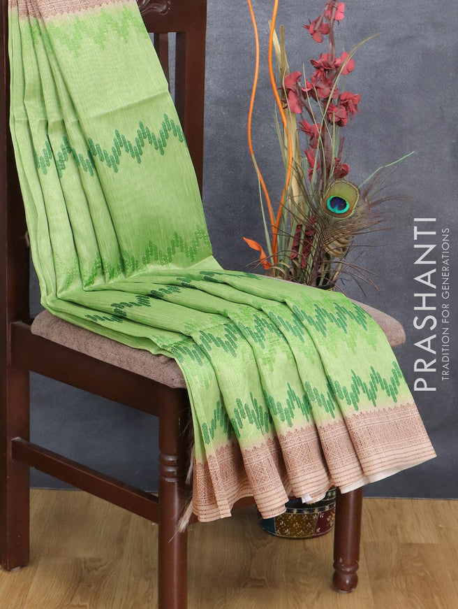 Semi tussar saree light green and beige with allover embroidery work and printed border - {{ collection.title }} by Prashanti Sarees