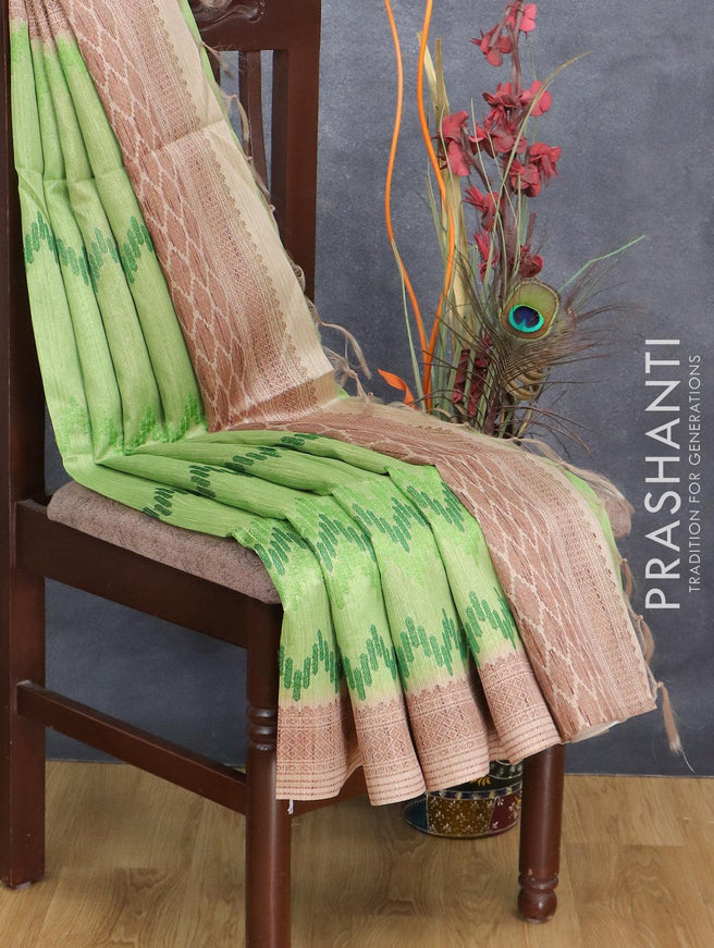 Semi tussar saree light green and beige with allover embroidery work and printed border - {{ collection.title }} by Prashanti Sarees