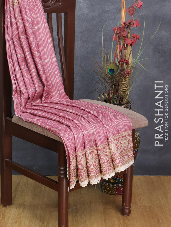 Semi tussar saree mamagenta pink with allover kalamkari prints and embroidery work border - {{ collection.title }} by Prashanti Sarees