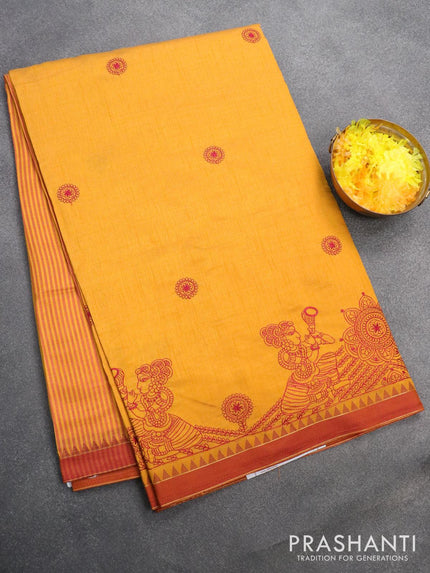 Semi tussar saree mango yellow and maroon shade with embroidery work and simple border - {{ collection.title }} by Prashanti Sarees
