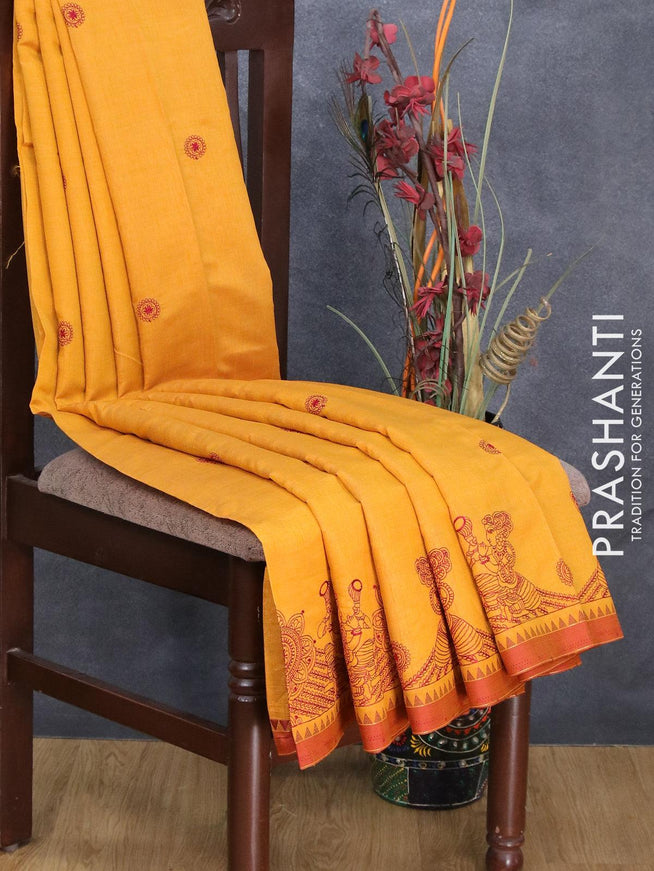 Semi tussar saree mango yellow and maroon shade with embroidery work and simple border - {{ collection.title }} by Prashanti Sarees
