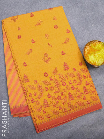 Semi tussar saree mango yellow and rust shade with allover embroidery work and simple border - {{ collection.title }} by Prashanti Sarees