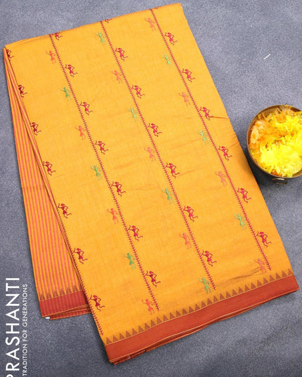 Semi tussar saree mango yellow and rust shade with allover embroidery work and simple border - {{ collection.title }} by Prashanti Sarees