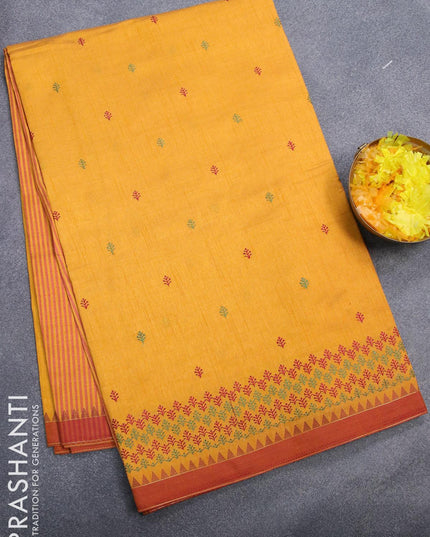Semi tussar saree mango yellow and rust shade with embroidery work and simple border - {{ collection.title }} by Prashanti Sarees