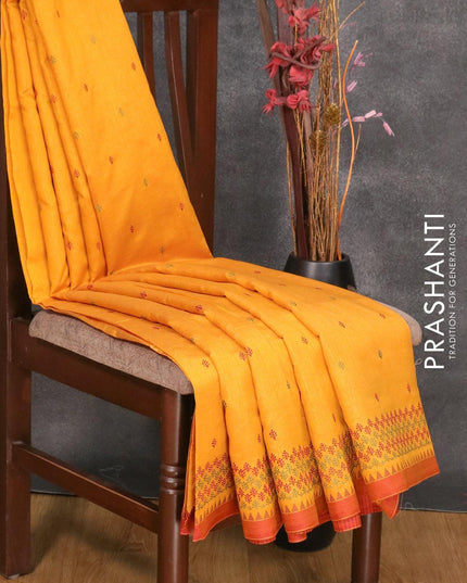 Semi tussar saree mango yellow and rust shade with embroidery work and simple border - {{ collection.title }} by Prashanti Sarees
