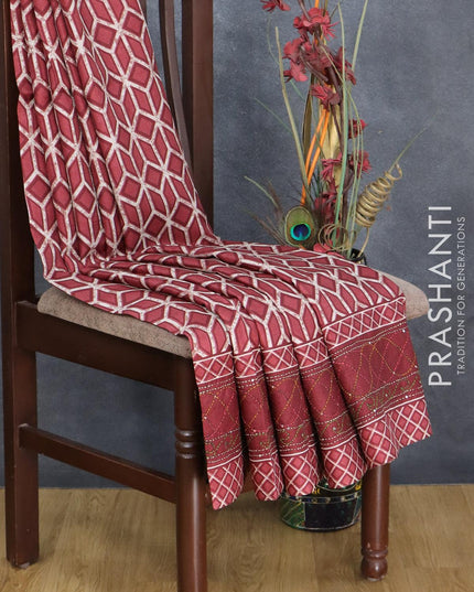 Semi tussar saree maroon shade with allover geometric prints and kantha stitch border - {{ collection.title }} by Prashanti Sarees