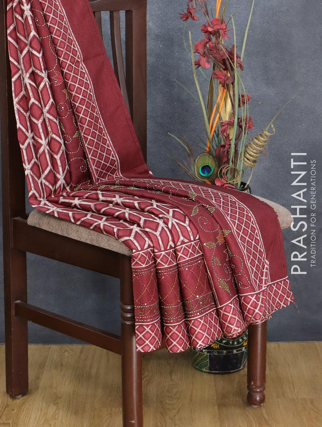 Semi tussar saree maroon shade with allover geometric prints and kantha stitch border - {{ collection.title }} by Prashanti Sarees
