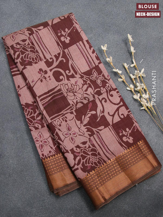 Semi tussar saree maroon shade with allover prints and zari woven border - {{ collection.title }} by Prashanti Sarees