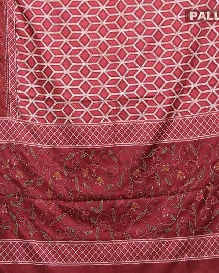 Semi tussar saree maroon with allover geometric prints and kantha stitch work border - {{ collection.title }} by Prashanti Sarees