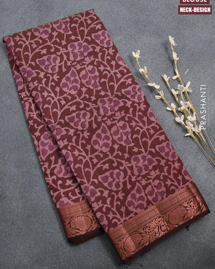 Semi tussar saree maroon with allover prints and copper zari woven border - {{ collection.title }} by Prashanti Sarees