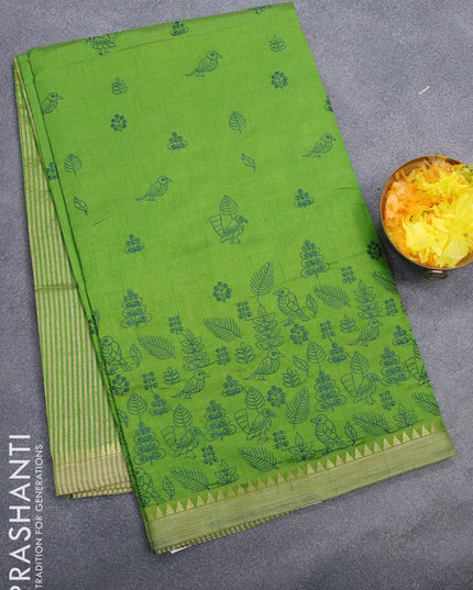 Semi tussar saree mehendi green with allover embroidery work and simple border - {{ collection.title }} by Prashanti Sarees