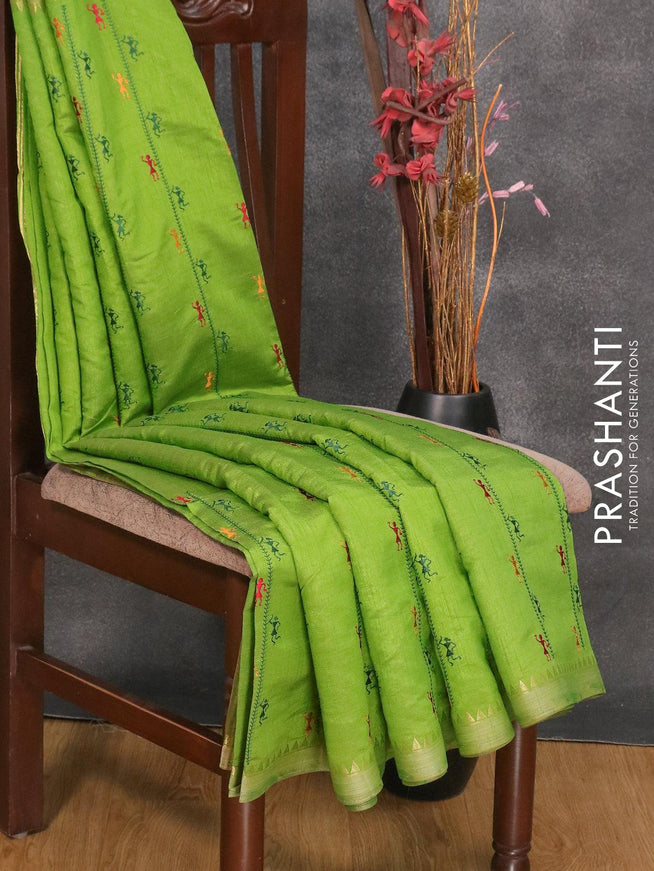 Semi tussar saree mehendi green with allover embroidery work and simple border - {{ collection.title }} by Prashanti Sarees