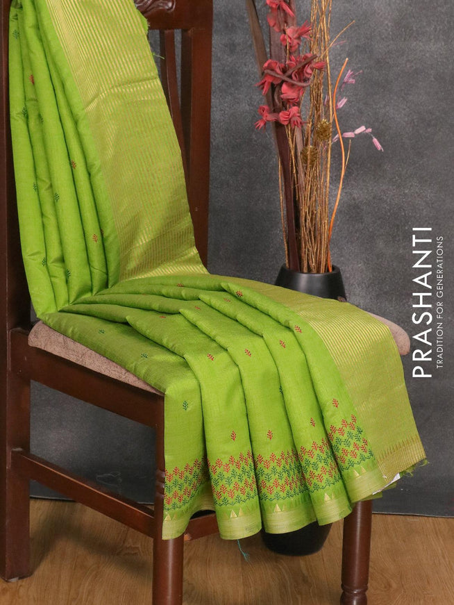 Semi tussar saree mehendi green with embroidery work and simple border - {{ collection.title }} by Prashanti Sarees
