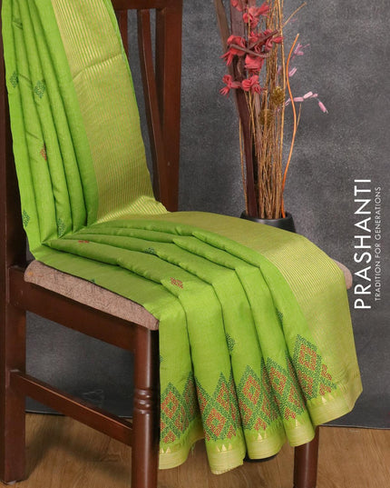 Semi tussar saree mehendi green with embroidery work and simple border - {{ collection.title }} by Prashanti Sarees