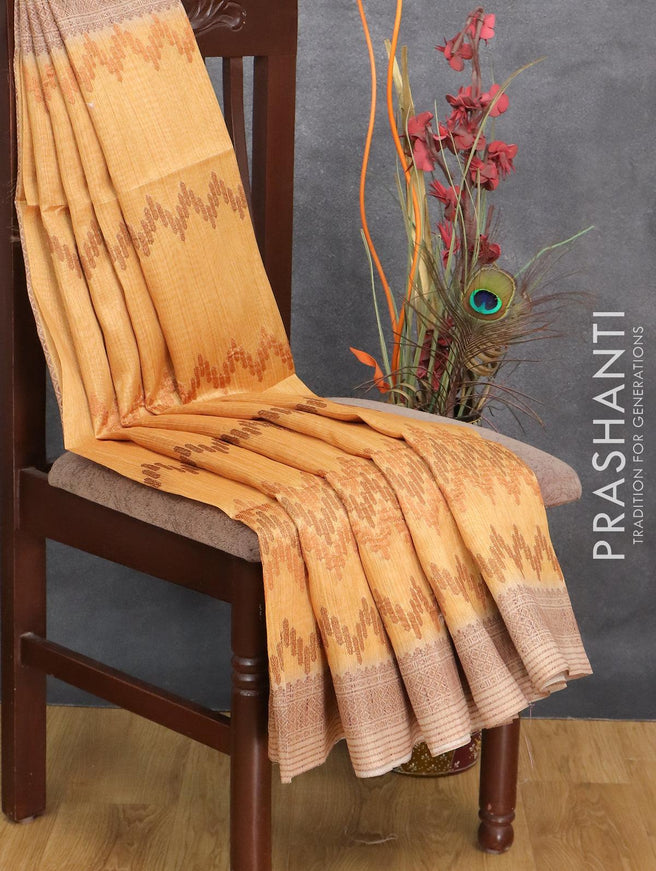 Semi tussar saree mustard yellow and beige with allover embroidery work and printed border - {{ collection.title }} by Prashanti Sarees