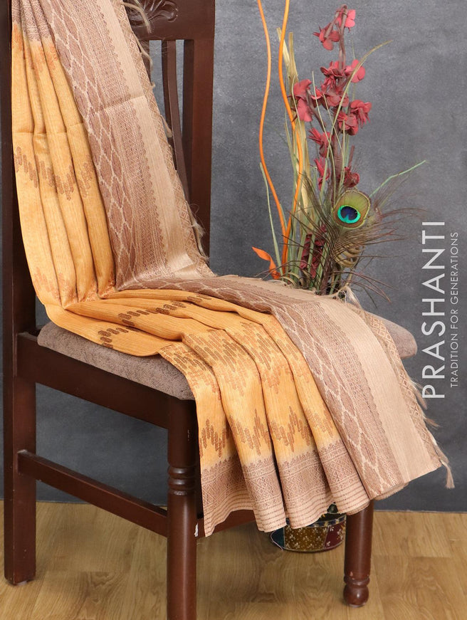 Semi tussar saree mustard yellow and beige with allover embroidery work and printed border - {{ collection.title }} by Prashanti Sarees