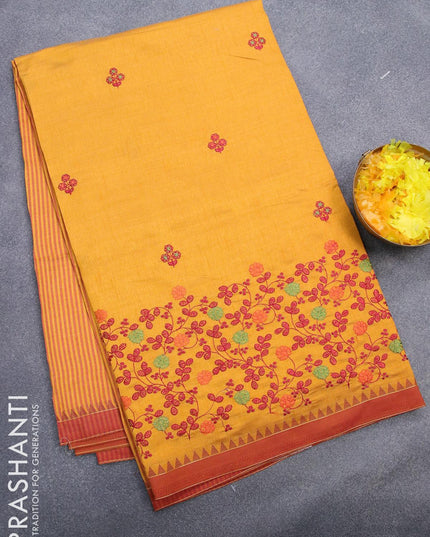 Semi tussar saree mustard yellow and rust shade with embroidery work and simple border - {{ collection.title }} by Prashanti Sarees