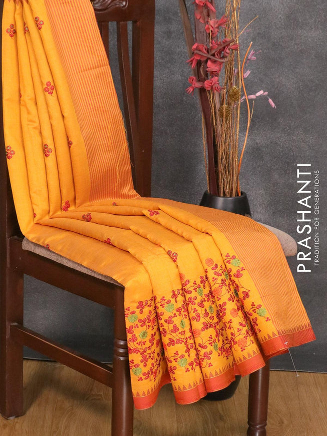 Semi tussar saree mustard yellow and rust shade with embroidery work and simple border - {{ collection.title }} by Prashanti Sarees