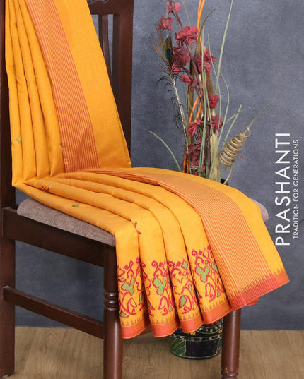 Semi tussar saree mustard yellow and rust shade with ikat embroidery work and simple border - {{ collection.title }} by Prashanti Sarees