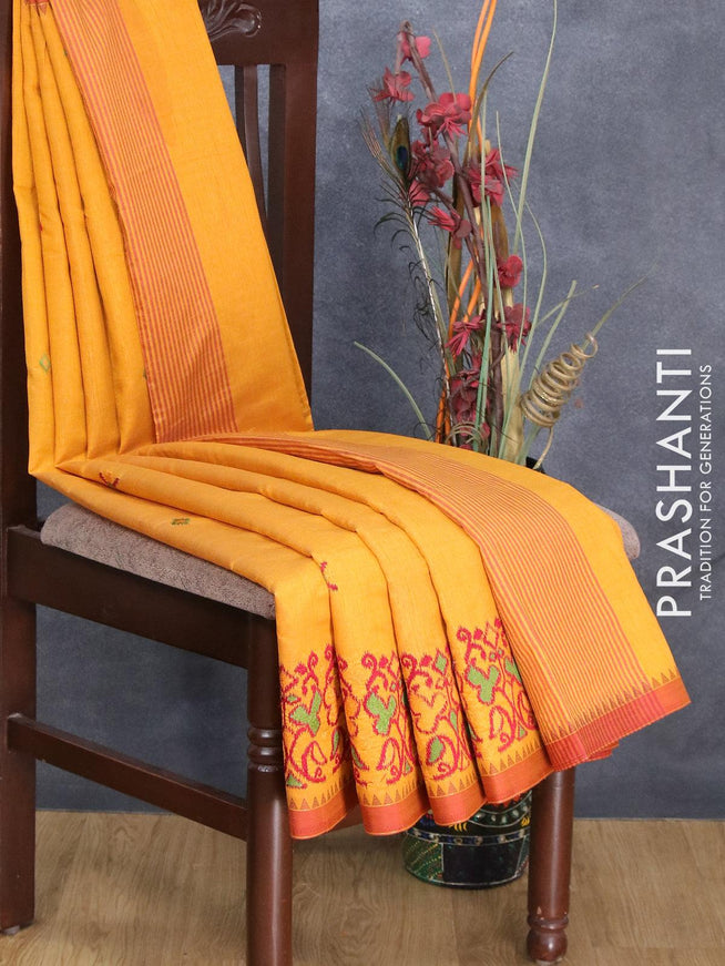 Semi tussar saree mustard yellow and rust shade with ikat embroidery work and simple border - {{ collection.title }} by Prashanti Sarees