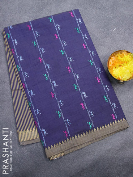 Semi tussar saree navy blue and beige with allover embroidery work and simple border - {{ collection.title }} by Prashanti Sarees