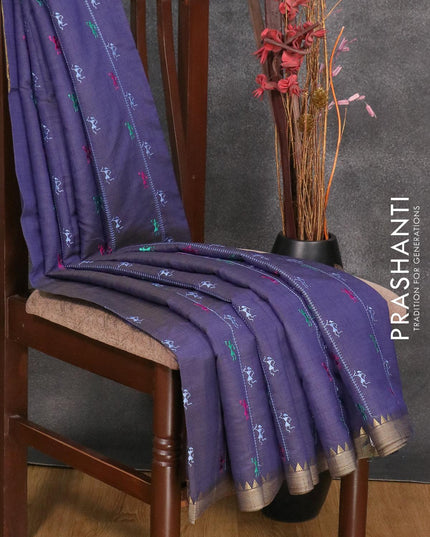 Semi tussar saree navy blue and beige with allover embroidery work and simple border - {{ collection.title }} by Prashanti Sarees