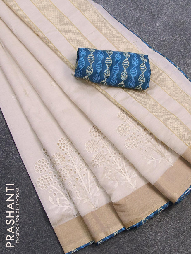 Semi tussar saree off white and dark blue with embroidery & cut work and zari woven border and Printed blouse - {{ collection.title }} by Prashanti Sarees