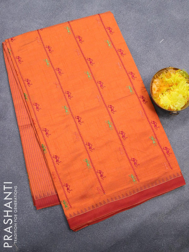 Semi tussar saree orange and maroon with allover embroidery work and simple border - {{ collection.title }} by Prashanti Sarees