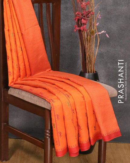 Semi tussar saree orange and maroon with allover embroidery work and simple border - {{ collection.title }} by Prashanti Sarees