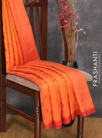 Semi tussar saree orange and maroon with allover embroidery work and simple border - {{ collection.title }} by Prashanti Sarees