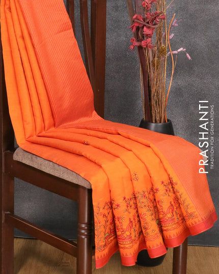Semi tussar saree orange and red shade with embroidery work and simple border - {{ collection.title }} by Prashanti Sarees