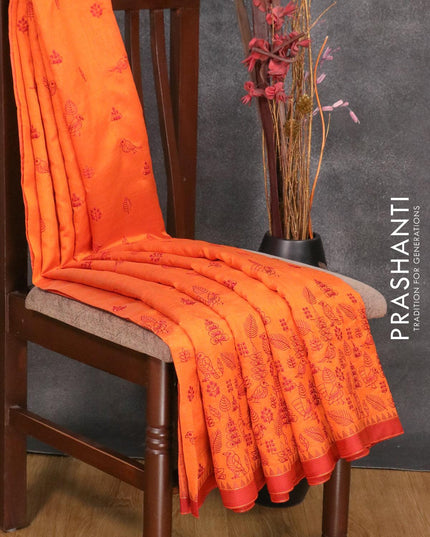 Semi tussar saree orange and rust shade with allover embroidery work and simple border - {{ collection.title }} by Prashanti Sarees