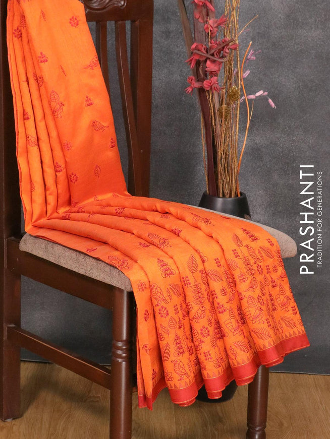Semi tussar saree orange and rust shade with allover embroidery work and simple border - {{ collection.title }} by Prashanti Sarees