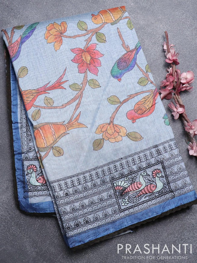 Semi tussar saree pastel blue and blue with allover kalamkari prints and embroidery work border - {{ collection.title }} by Prashanti Sarees