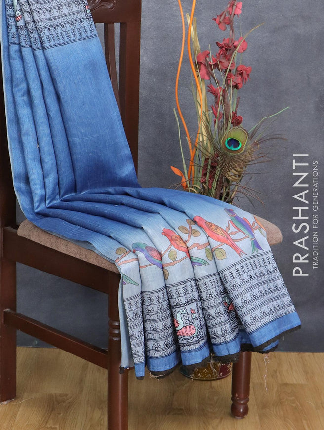 Semi tussar saree pastel blue and blue with allover kalamkari prints and embroidery work border - {{ collection.title }} by Prashanti Sarees