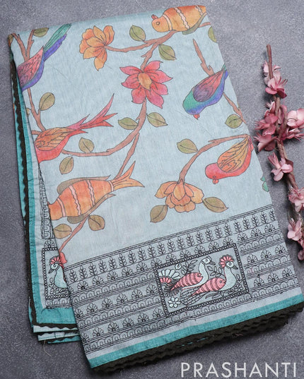 Semi tussar saree pastel blue and teal green with allover kalamkari prints and embroidery work border - {{ collection.title }} by Prashanti Sarees