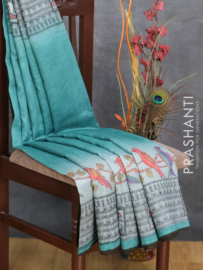 Semi tussar saree pastel blue and teal green with allover kalamkari prints and embroidery work border - {{ collection.title }} by Prashanti Sarees