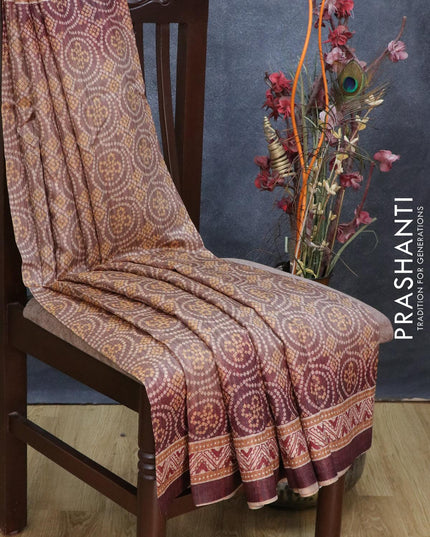 Semi tussar saree pastel brown and deep maroon with allover bandhani prints and printed border - {{ collection.title }} by Prashanti Sarees