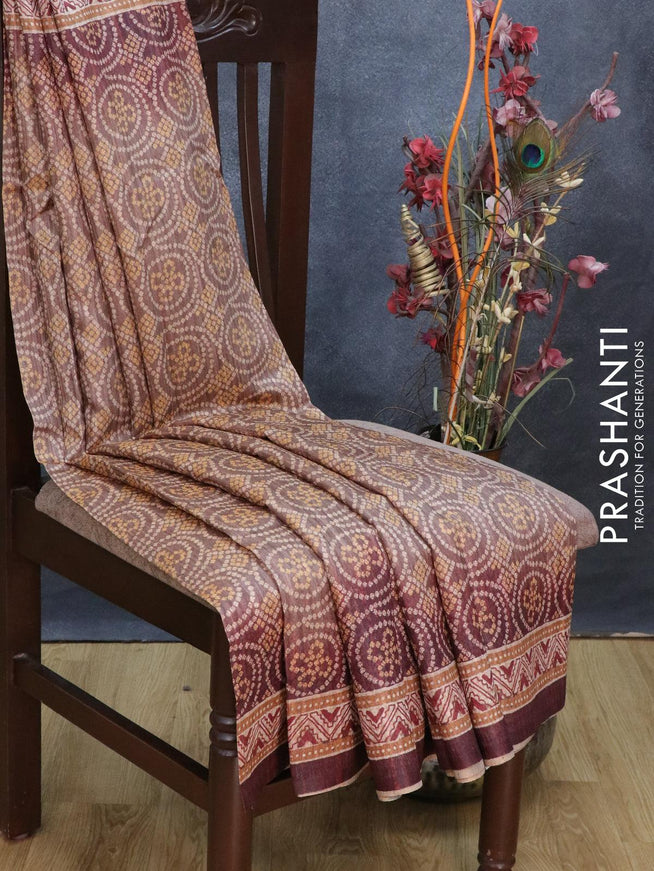 Semi tussar saree pastel brown and deep maroon with allover bandhani prints and printed border - {{ collection.title }} by Prashanti Sarees