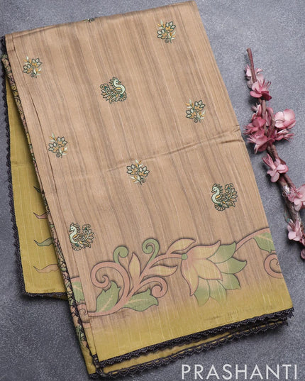 Semi tussar saree pastel brown and elaichi green with embroidery work and printed border - {{ collection.title }} by Prashanti Sarees