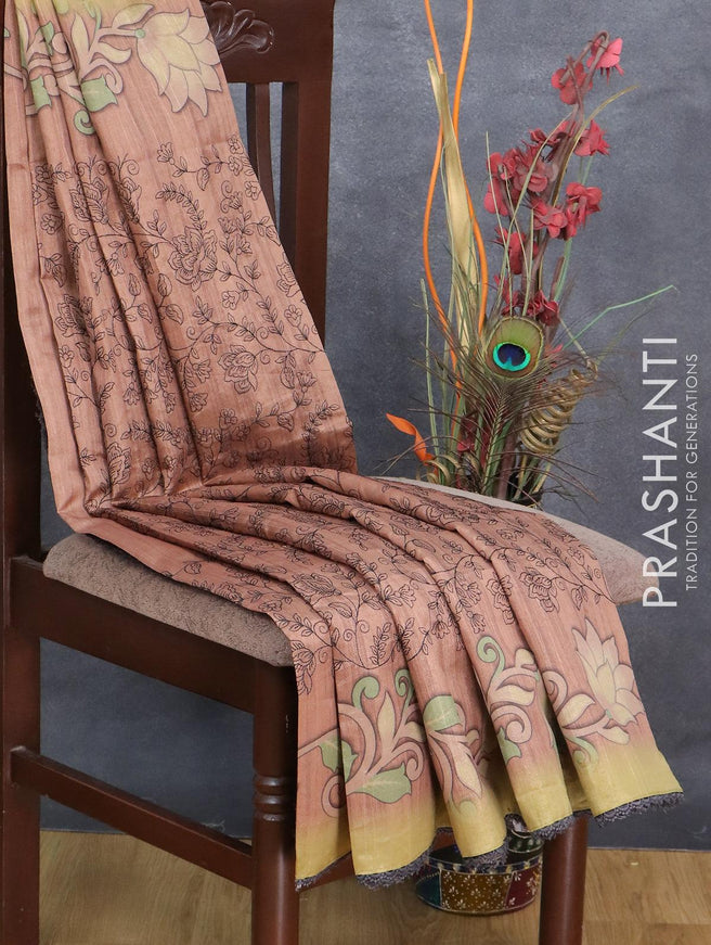 Semi tussar saree pastel brown with allover embroidery work and floral printed border - {{ collection.title }} by Prashanti Sarees
